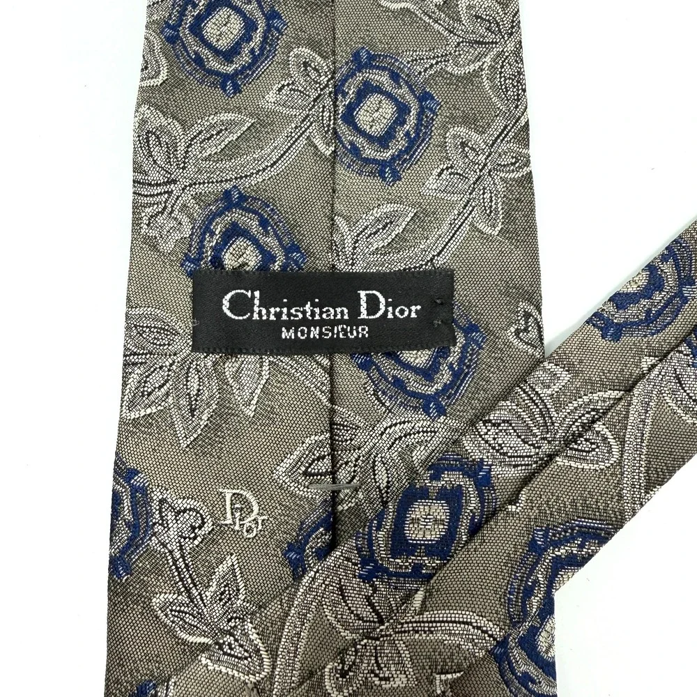 CHRISTIAN DIOR MONSIEUR Mens Necktie Vintage Silk‎ Blend Floral Gray Blue USA